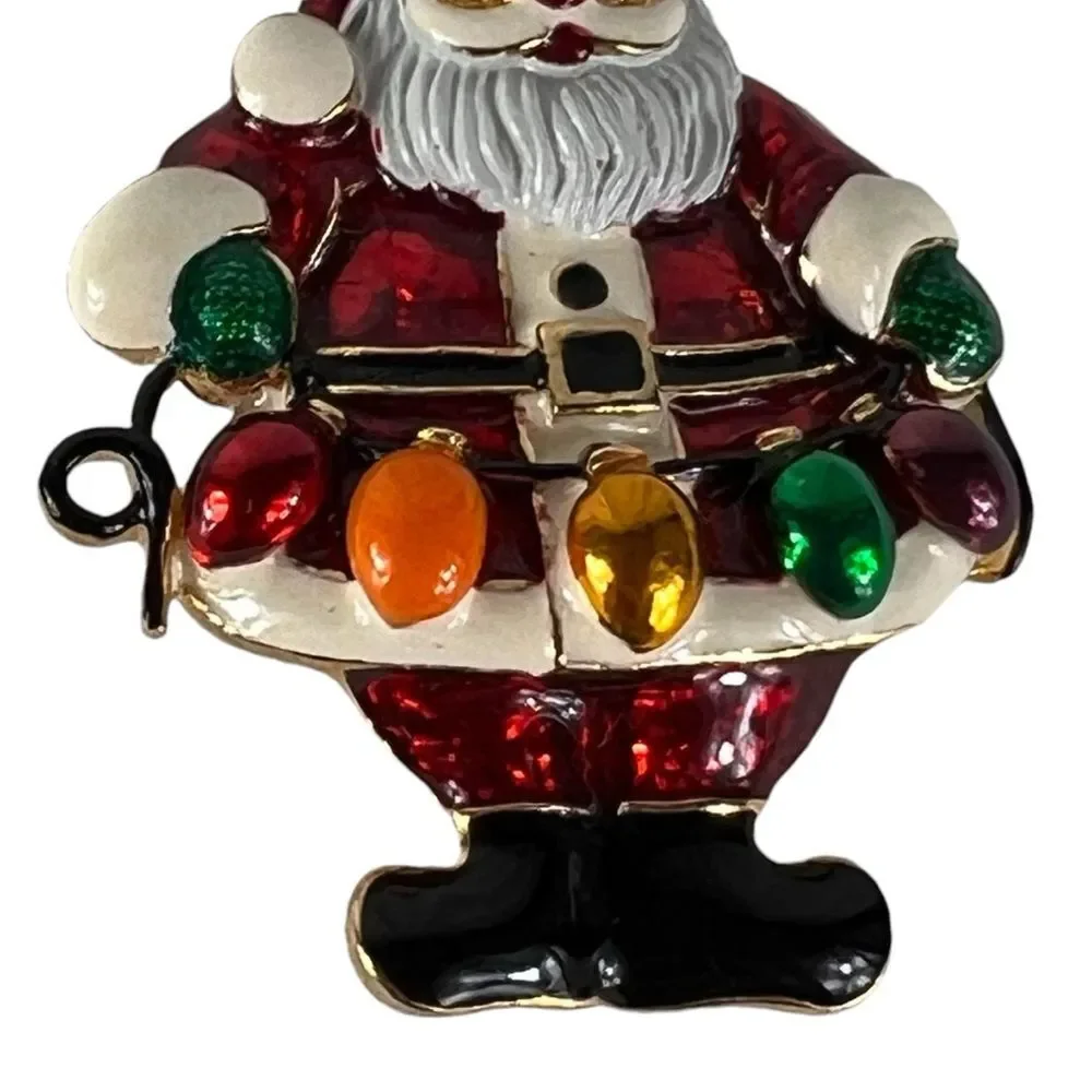 Santa Claus with Lights Christmas Brooch Pin Enameled Holiday Festive